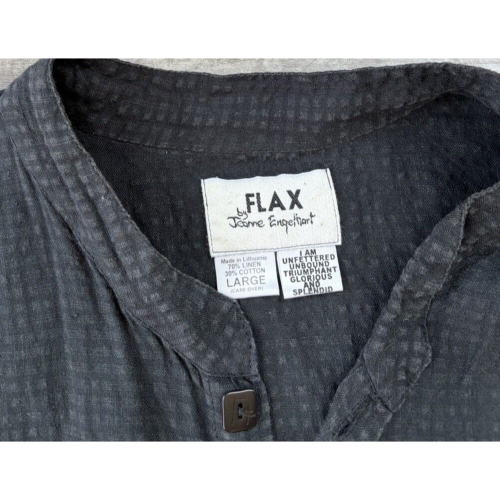 FLAX Linen Blend Mandarin Collar Shirt Womens L Black Waffle Texture Tunic - Picture 3 of 6